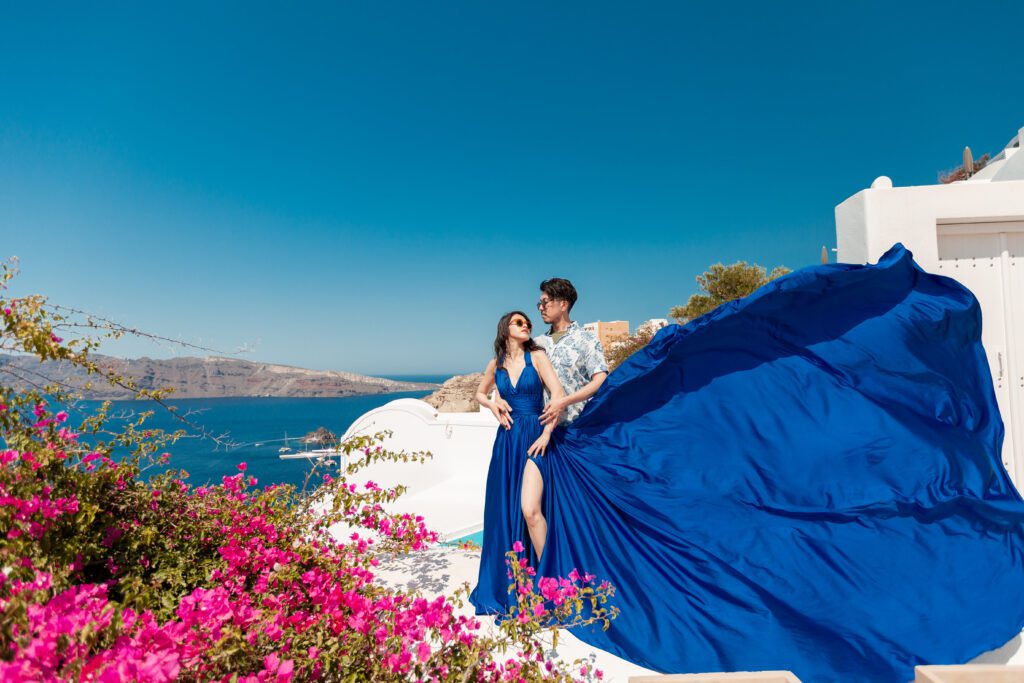 Love Story Photoshoot with Flying Dress Santorini